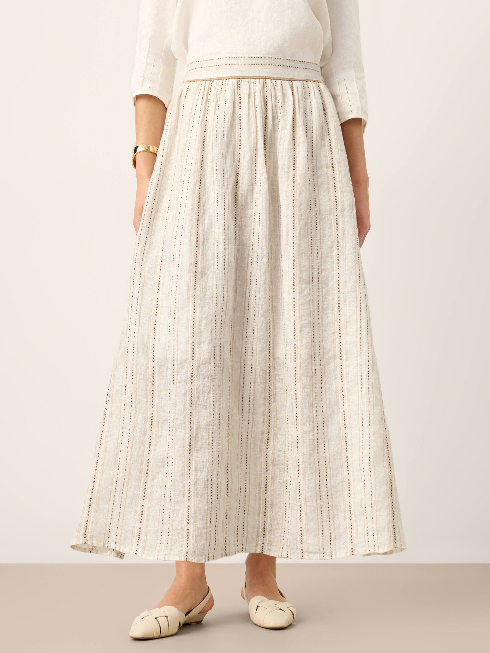Linen Striped Contrast Trim A-Line Bohemian Skirt with Lining ISMERIE LINTICO