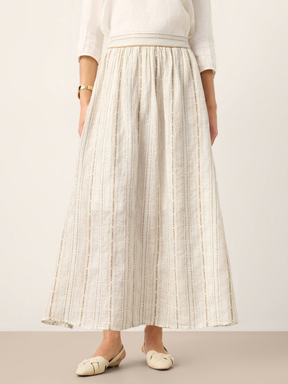 Linen Striped Contrast Trim A-Line Bohemian Skirt with Lining ISMERIE LINTICO