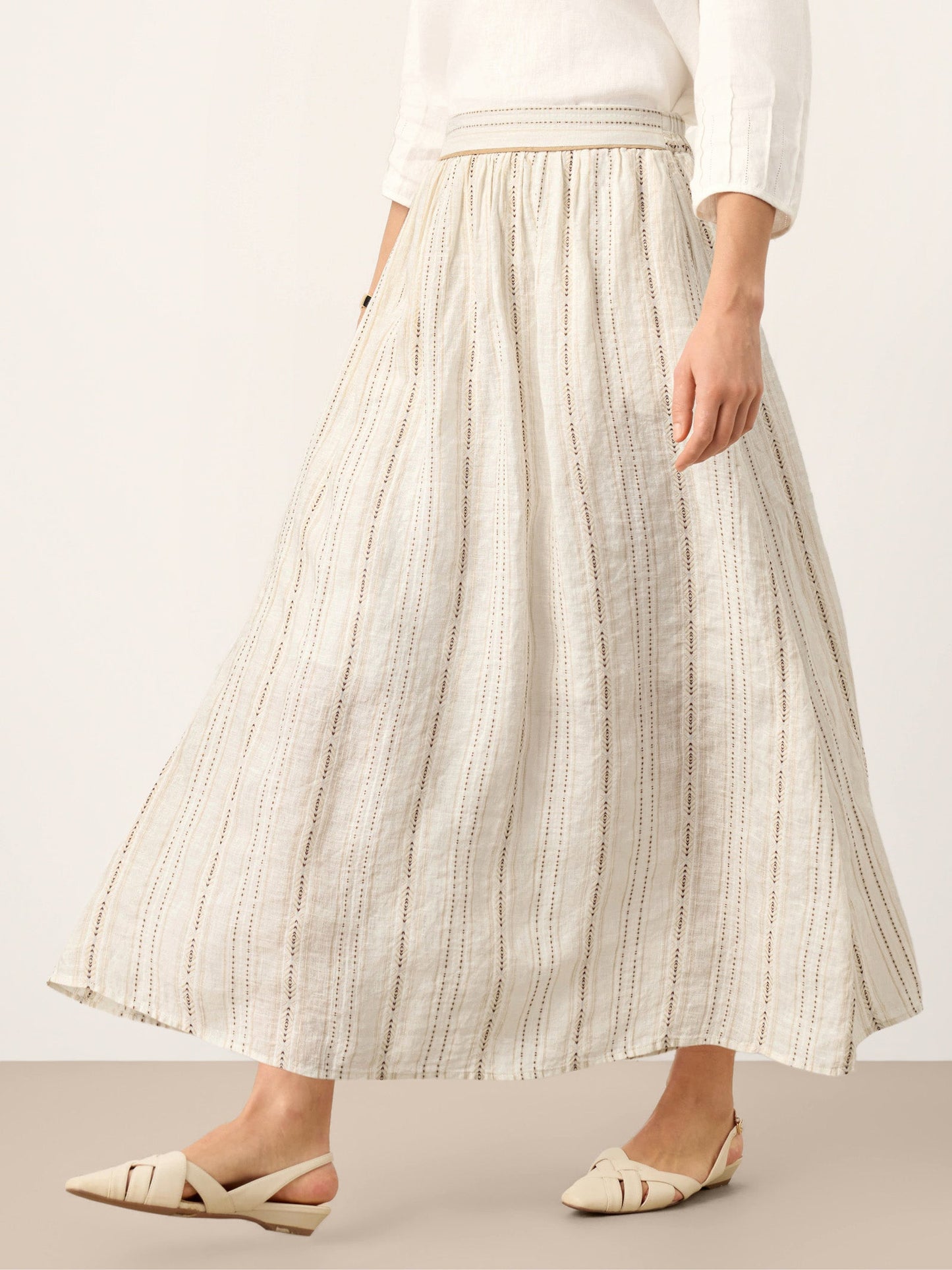 Linen Striped Contrast Trim A-Line Bohemian Skirt with Lining ISMERIE LINTICO