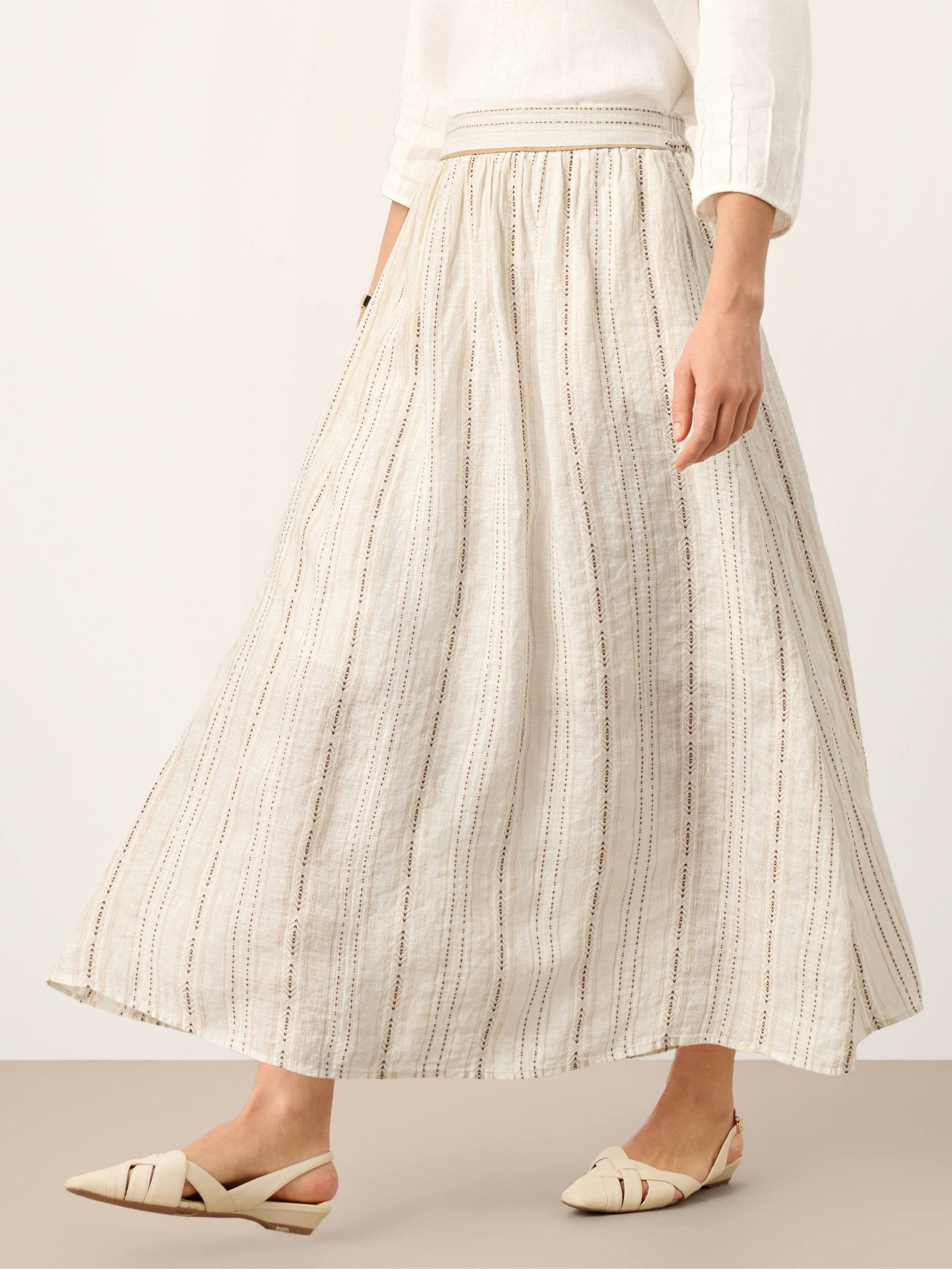 Linen Striped Contrast Trim A-Line Bohemian Skirt with Lining ISMERIE LINTICO