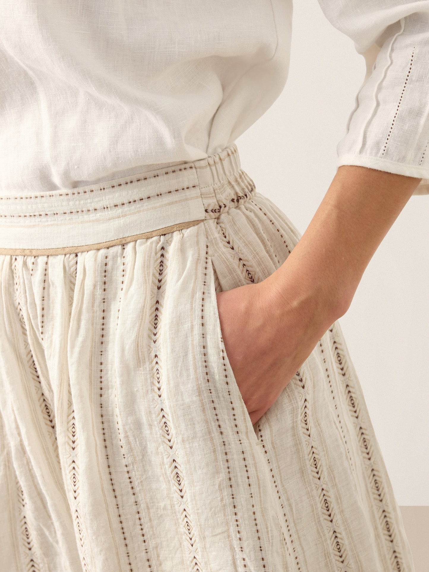 Linen Striped Contrast Trim A-Line Bohemian Skirt with Lining ISMERIE LINTICO