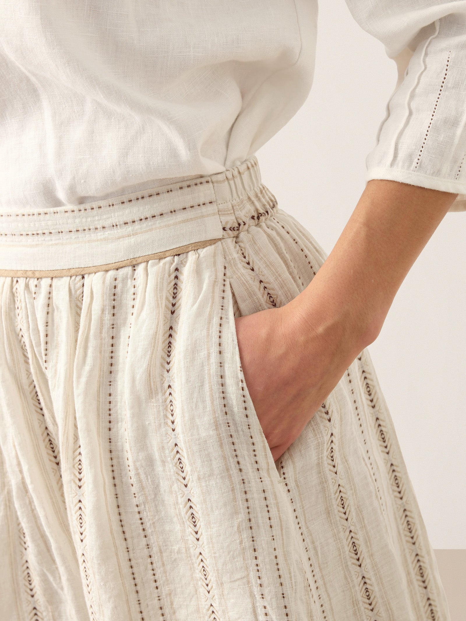 Linen Striped Contrast Trim A-Line Bohemian Skirt with Lining ISMERIE LINTICO