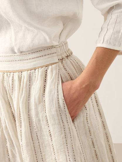Linen Striped Contrast Trim A-Line Bohemian Skirt with Lining ISMERIE LINTICO