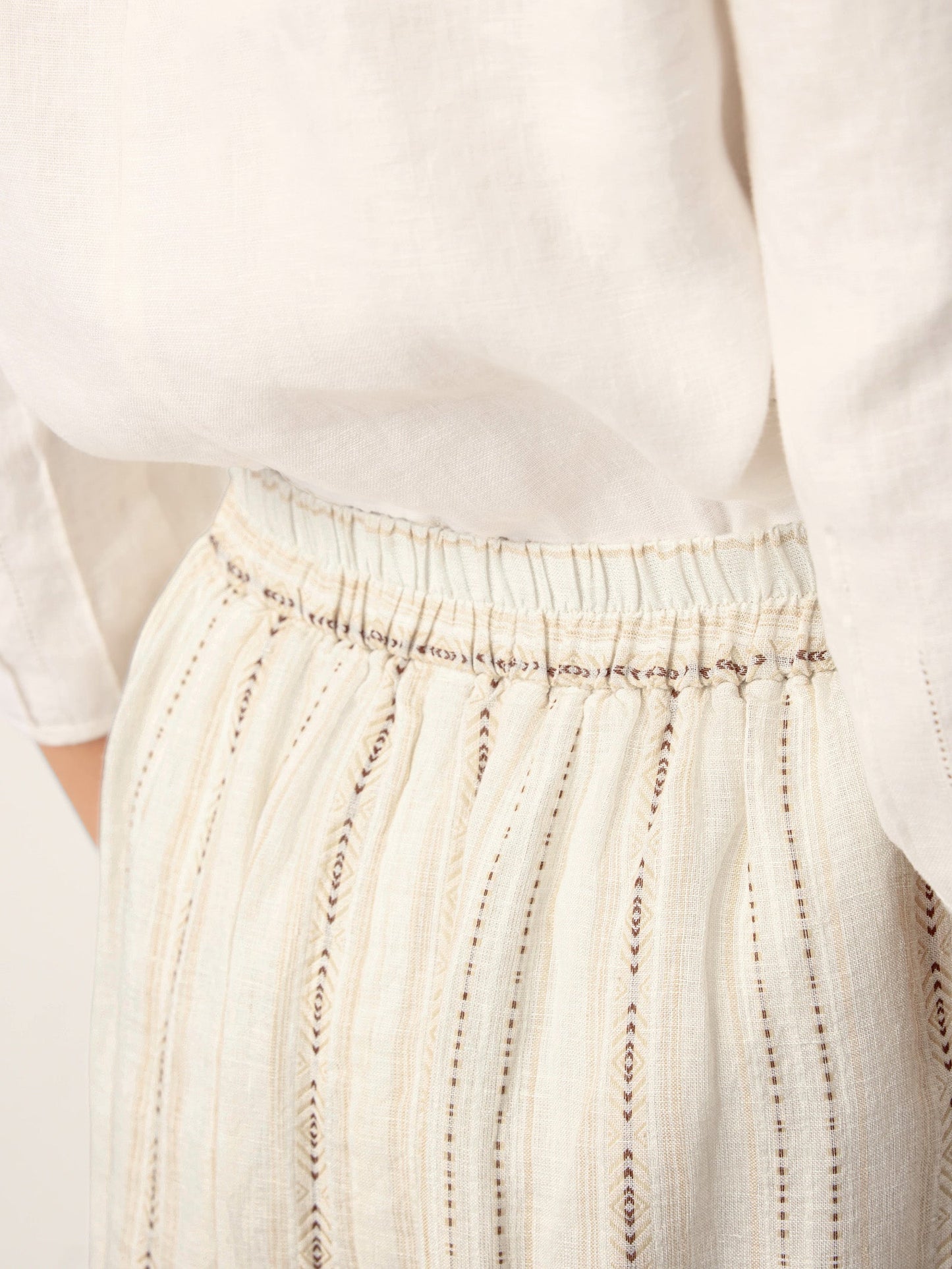Linen Striped Contrast Trim A-Line Bohemian Skirt with Lining ISMERIE LINTICO