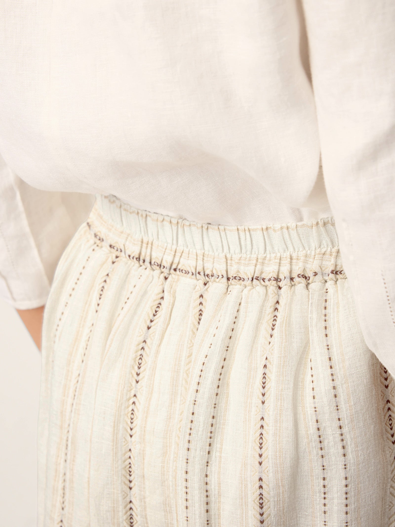 Linen Striped Contrast Trim A-Line Bohemian Skirt with Lining ISMERIE LINTICO