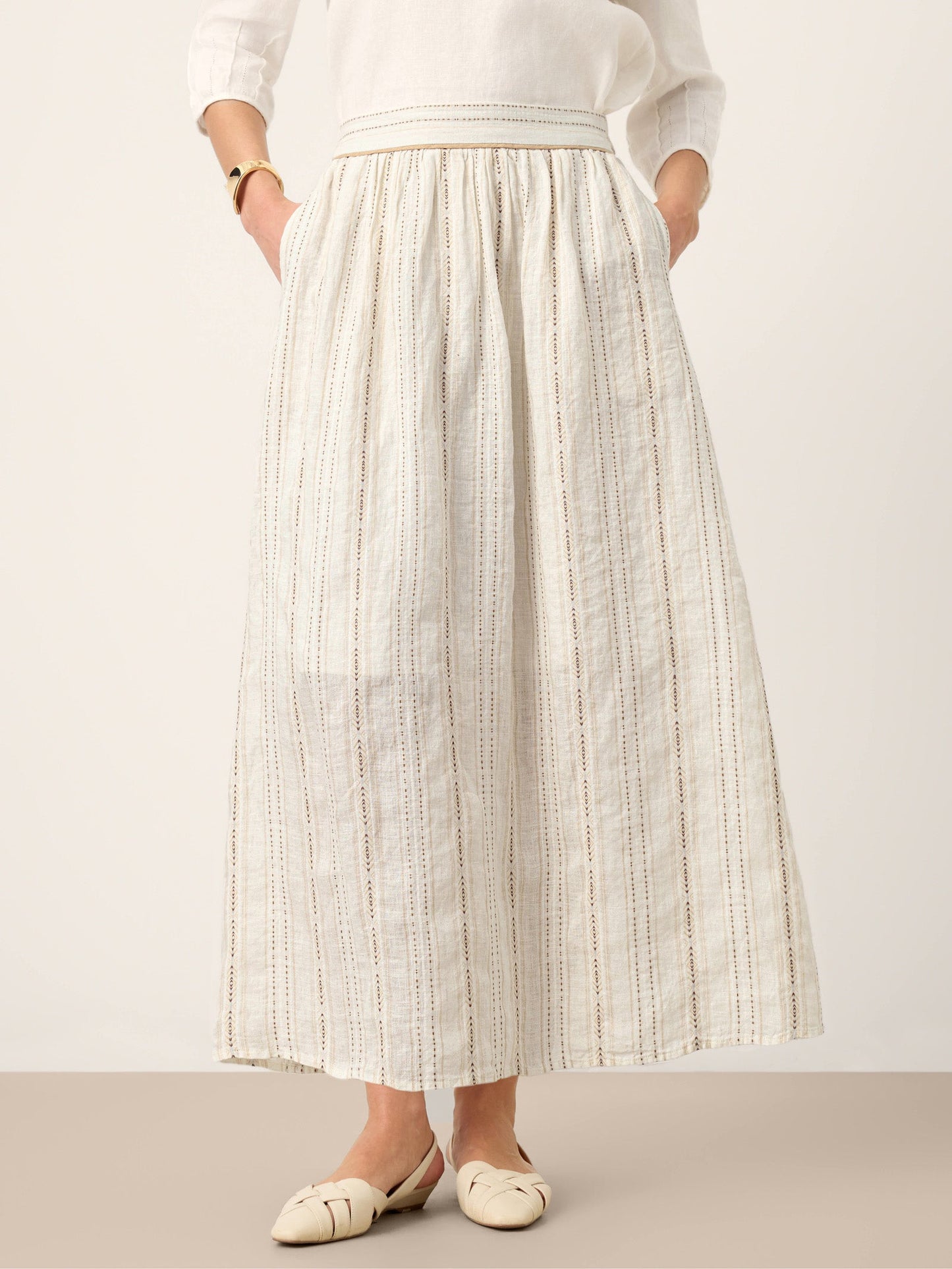Linen Striped Contrast Trim A-Line Bohemian Skirt with Lining ISMERIE LINTICO