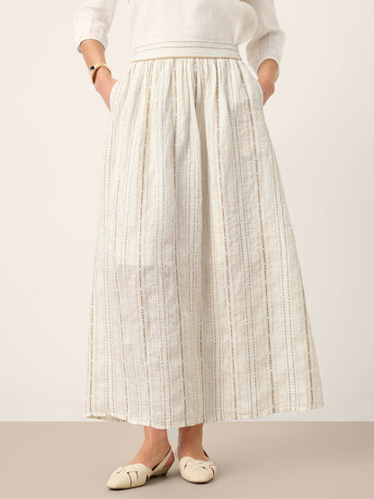 Linen Striped Contrast Trim A-Line Bohemian Skirt with Lining ISMERIE LINTICO