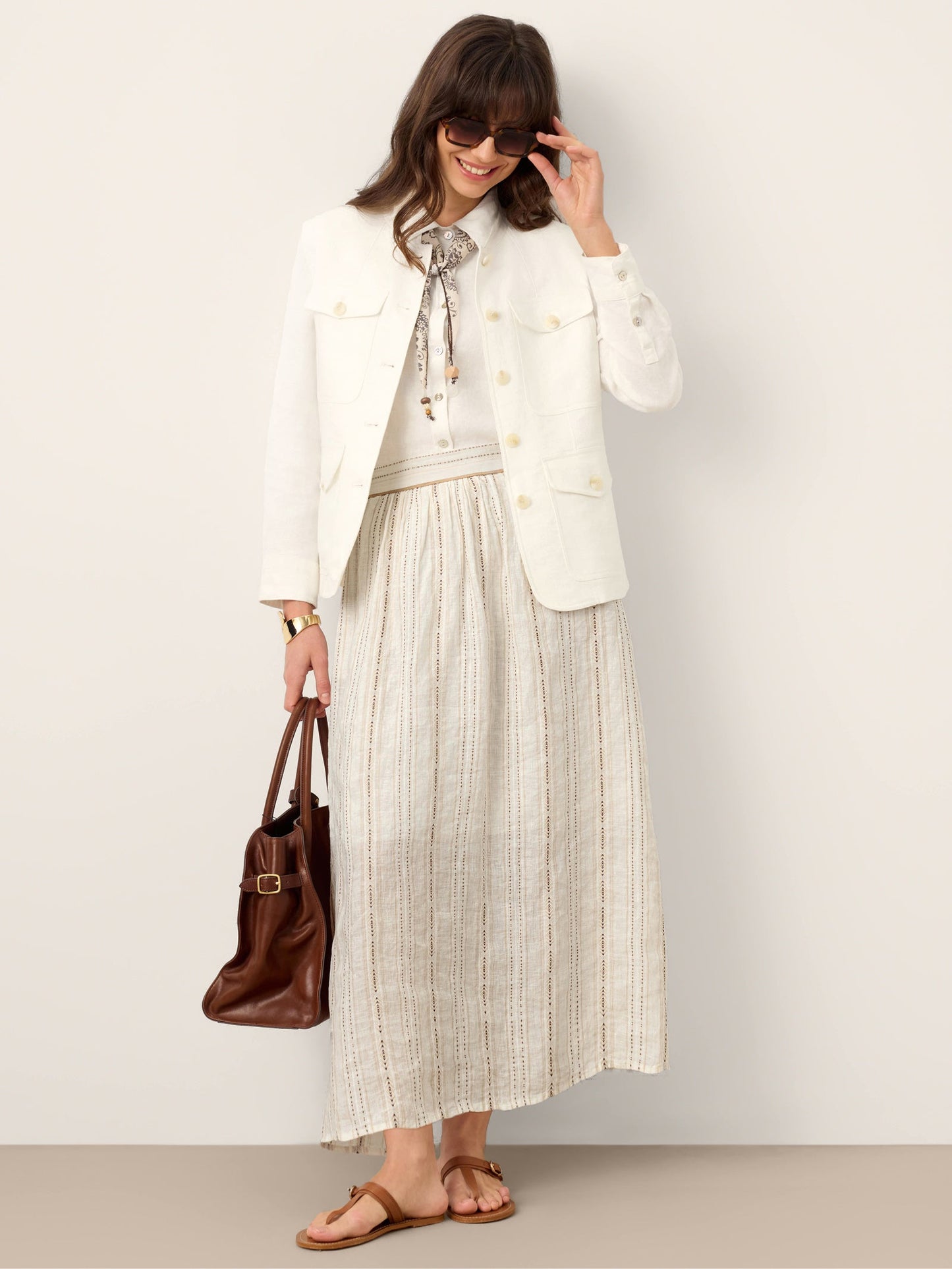 Linen Striped Contrast Trim A-Line Bohemian Skirt with Lining ISMERIE LINTICO