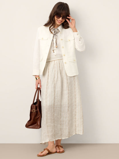 Linen Striped Contrast Trim A-Line Bohemian Skirt with Lining ISMERIE LINTICO