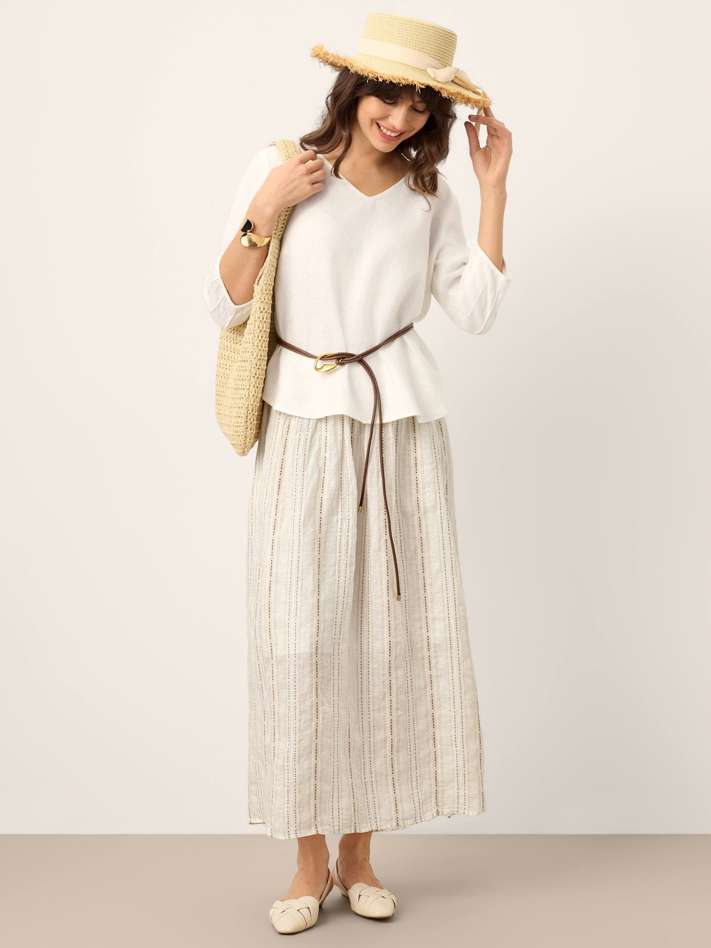 Linen Striped Contrast Trim A-Line Bohemian Skirt with Lining ISMERIE LINTICO