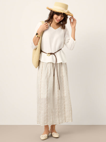 Linen Striped Contrast Trim A-Line Bohemian Skirt with Lining ISMERIE LINTICO