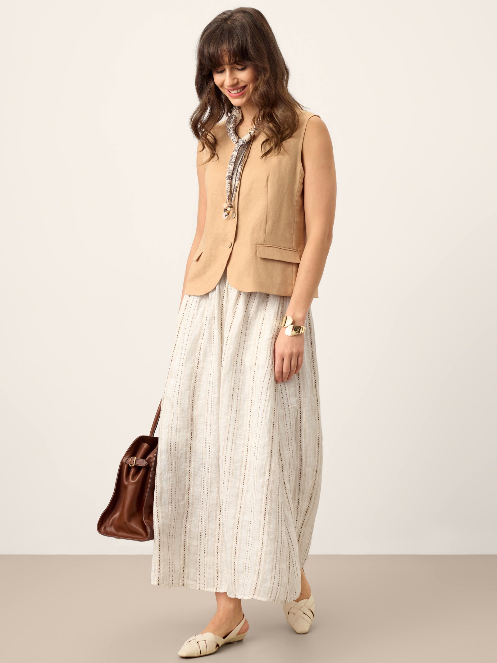 Linen Striped Contrast Trim A-Line Bohemian Skirt with Lining ISMERIE LINTICO
