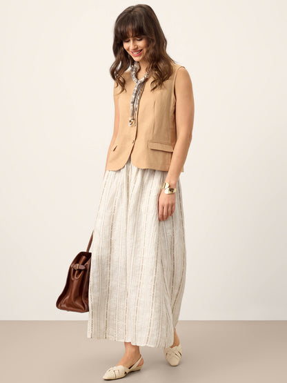 Linen Striped Contrast Trim A-Line Bohemian Skirt with Lining ISMERIE LINTICO