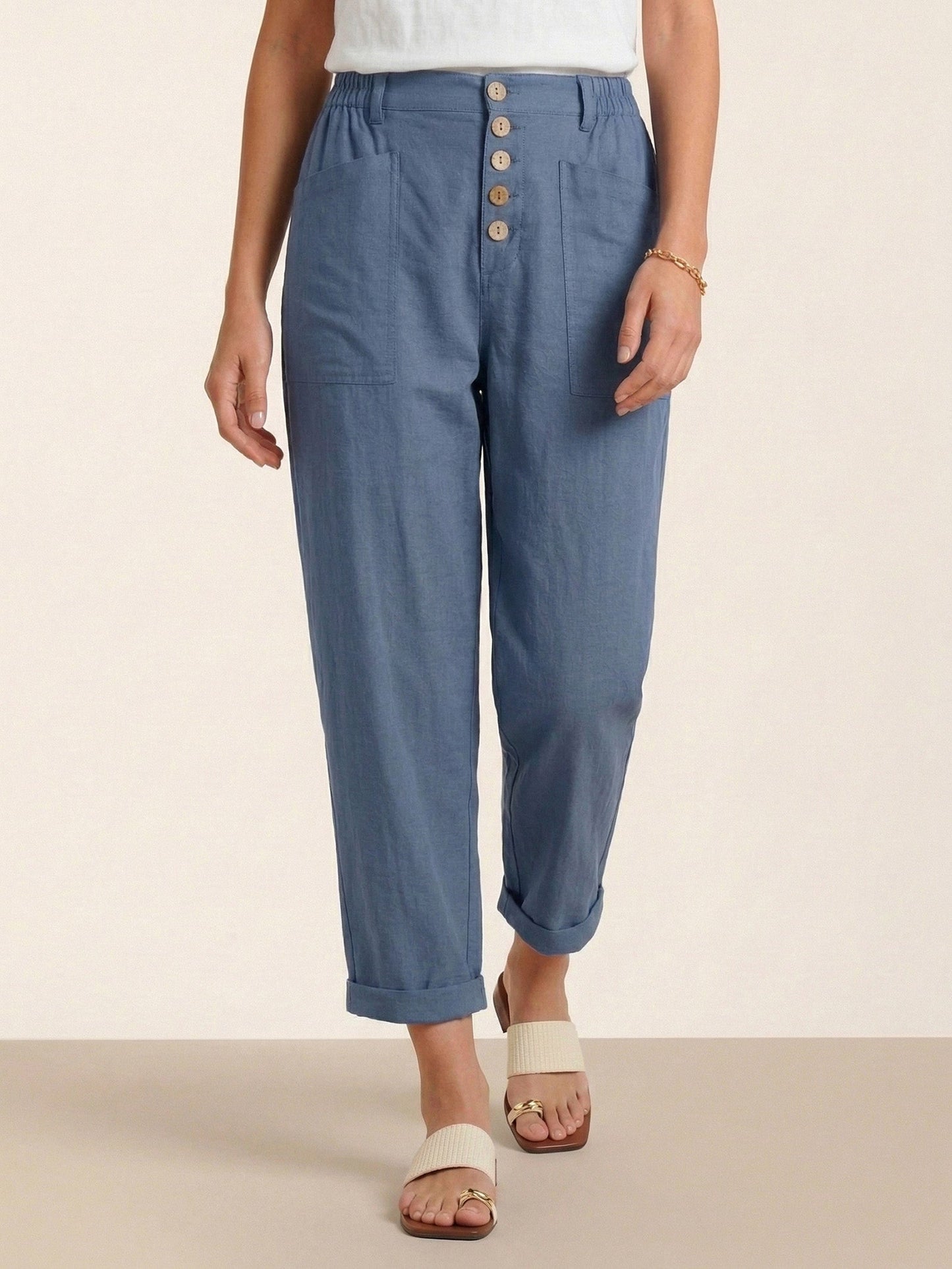 Linen Simple Button Fly Trousers HEIDI LINTICO