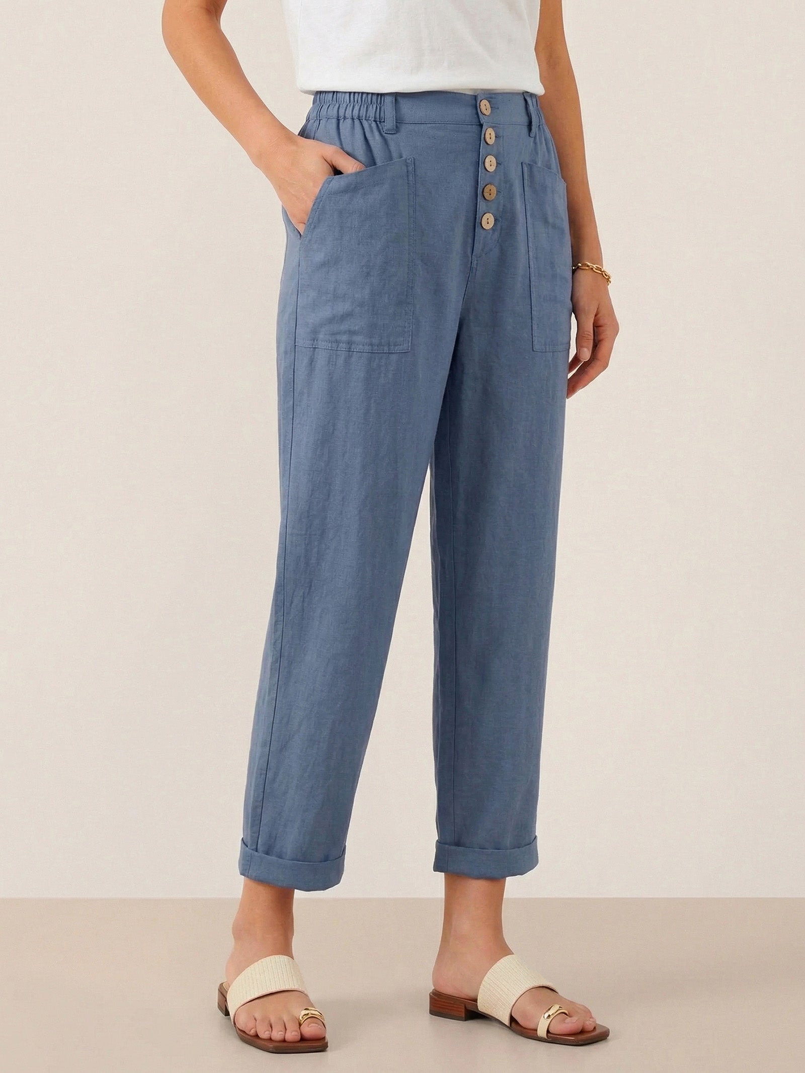 Linen Simple Button Fly Trousers HEIDI LINTICO