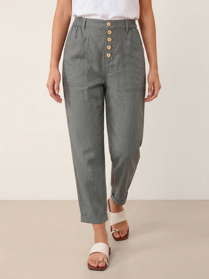 Linen Simple Button Fly Trousers HEIDI LINTICO