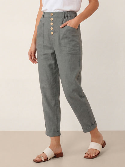 Linen Simple Button Fly Trousers HEIDI LINTICO