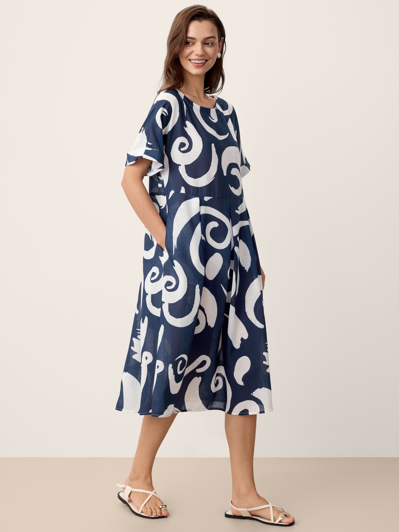Linen Abstract-Print Pleated-Waist Midi Dress PRIYA LINTICO