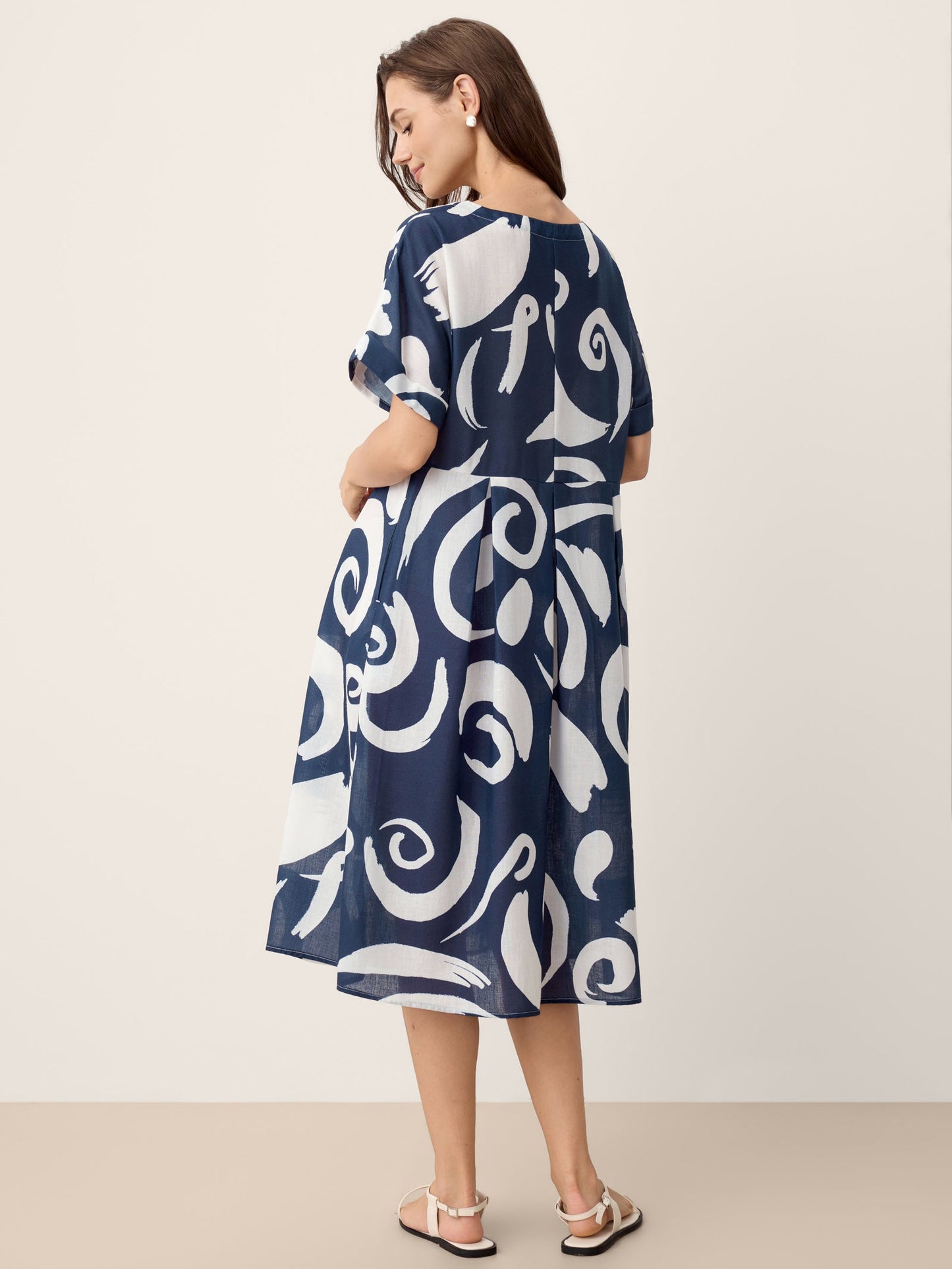 Linen Abstract-Print Pleated-Waist Midi Dress PRIYA LINTICO