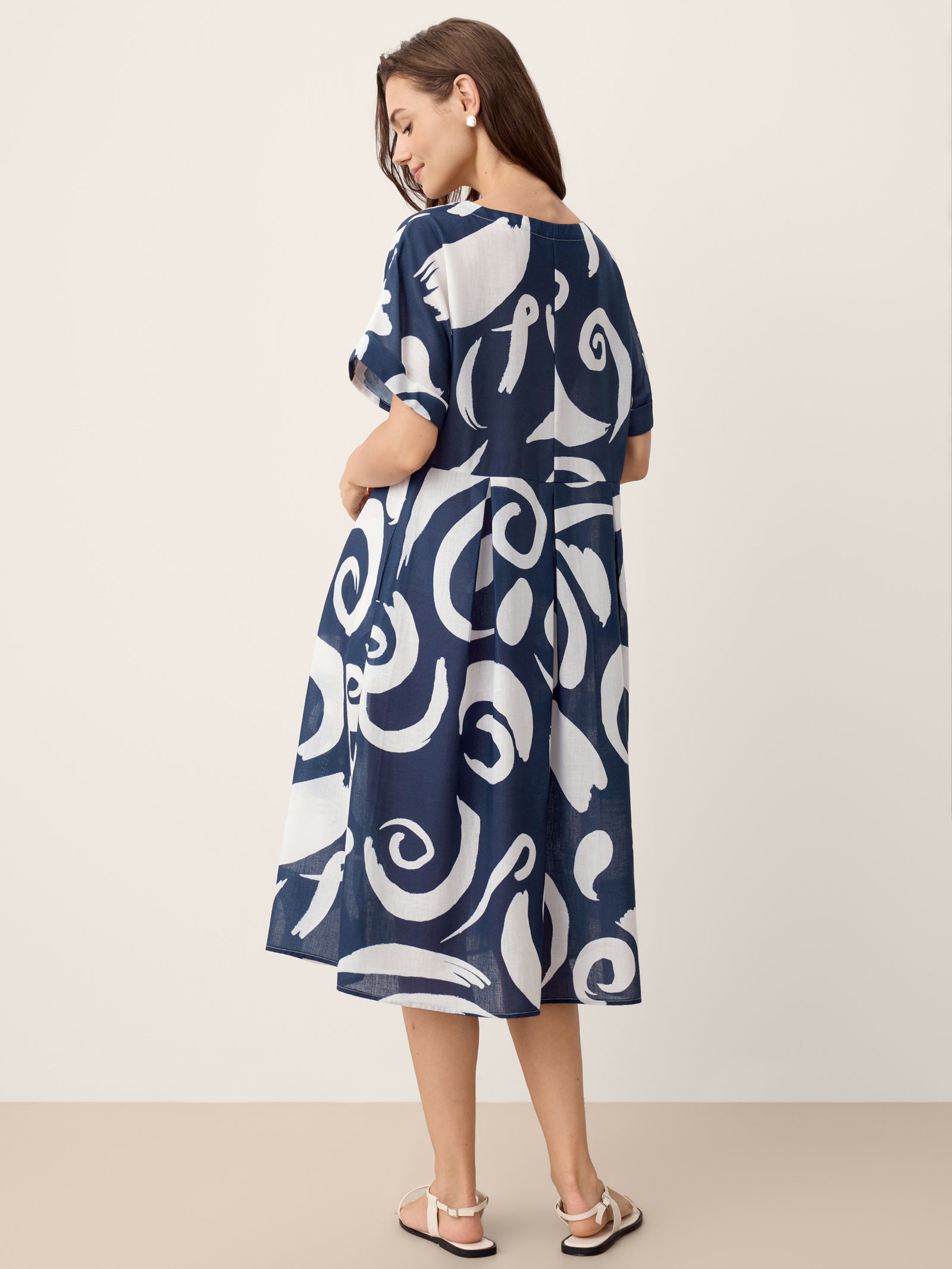 Linen Abstract-Print Pleated-Waist Midi Dress PRIYA LINTICO