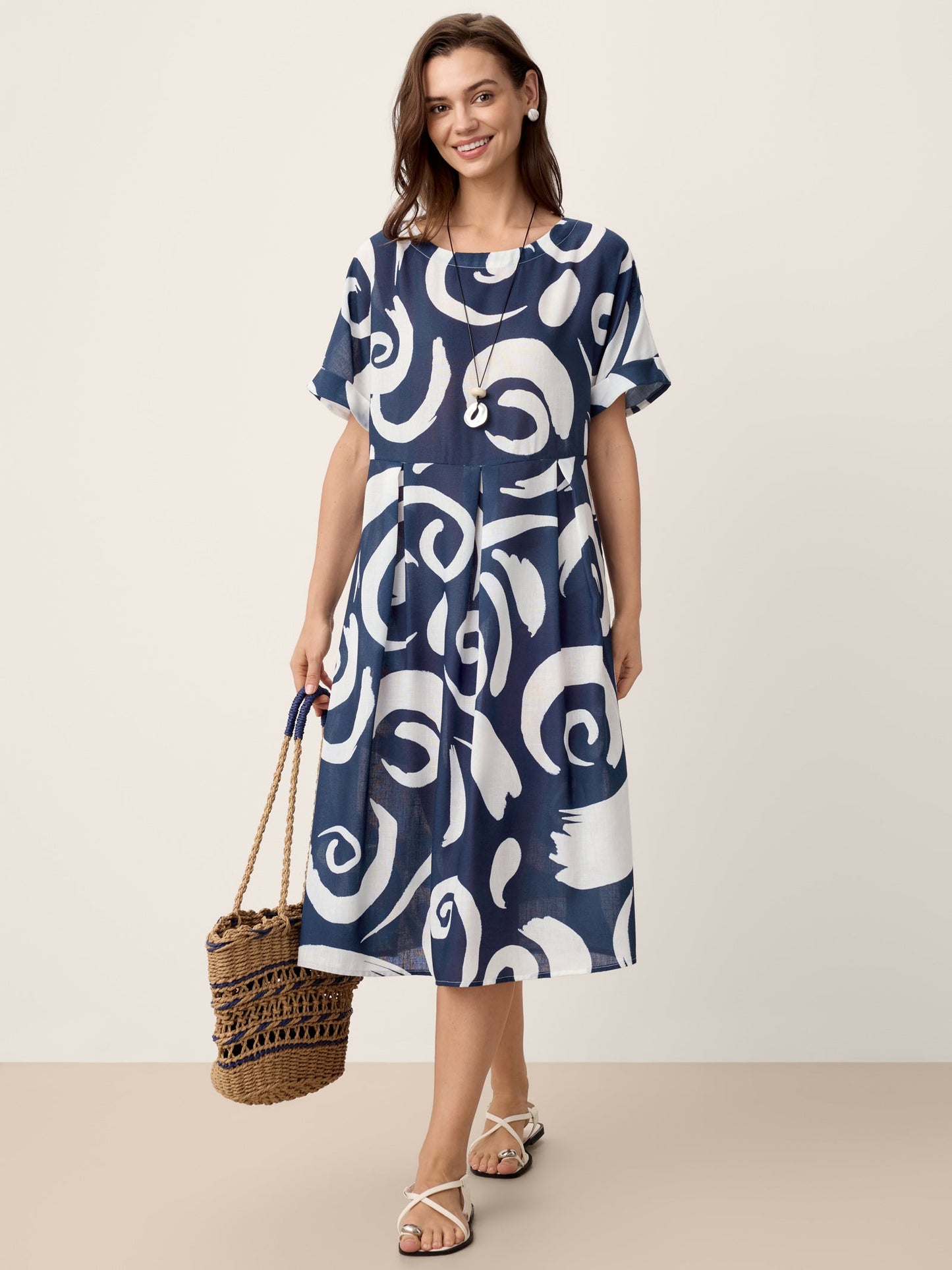 Linen Abstract-Print Pleated-Waist Midi Dress PRIYA LINTICO