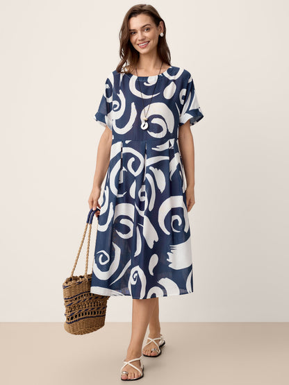 Linen Abstract-Print Pleated-Waist Midi Dress PRIYA LINTICO