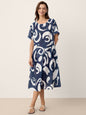 Linen Abstract-Print Pleated-Waist Midi Dress PRIYA LINTICO
