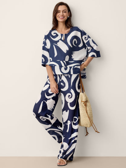 Linen Abstract-Print Straight-Leg Pants ORLA LINTICO