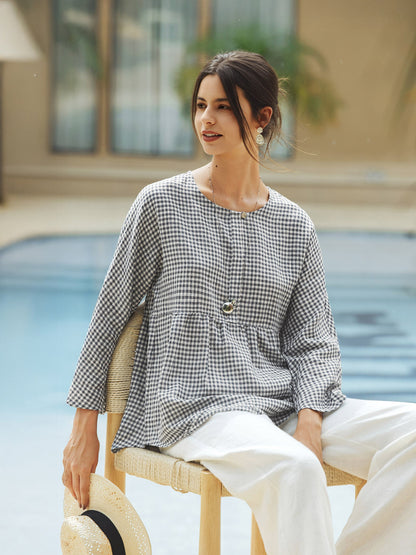 Linen Checked Long-Sleeved Top CAROLINE LINTICO