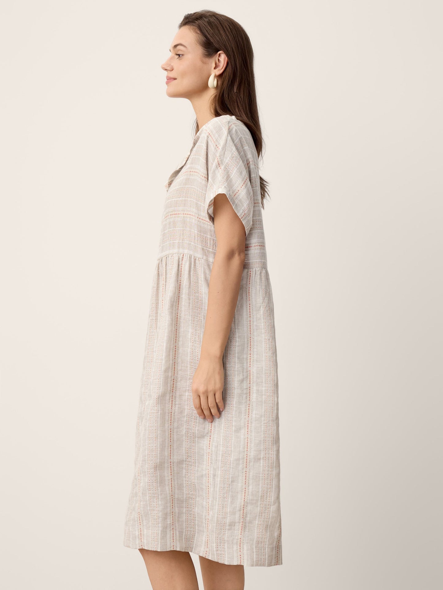 Linen Gathered-Hem Split-Neck Midi Dress SYDNEY LINTICO