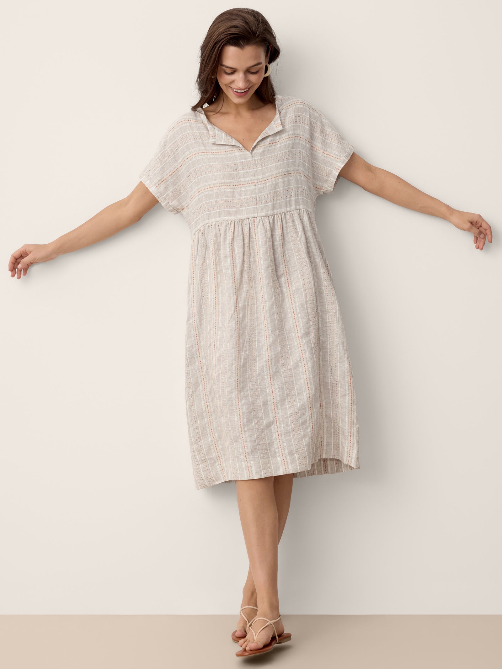 Linen Gathered-Hem Split-Neck Midi Dress SYDNEY LINTICO