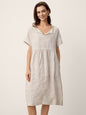 Linen Gathered-Hem Split-Neck Midi Dress SYDNEY LINTICO