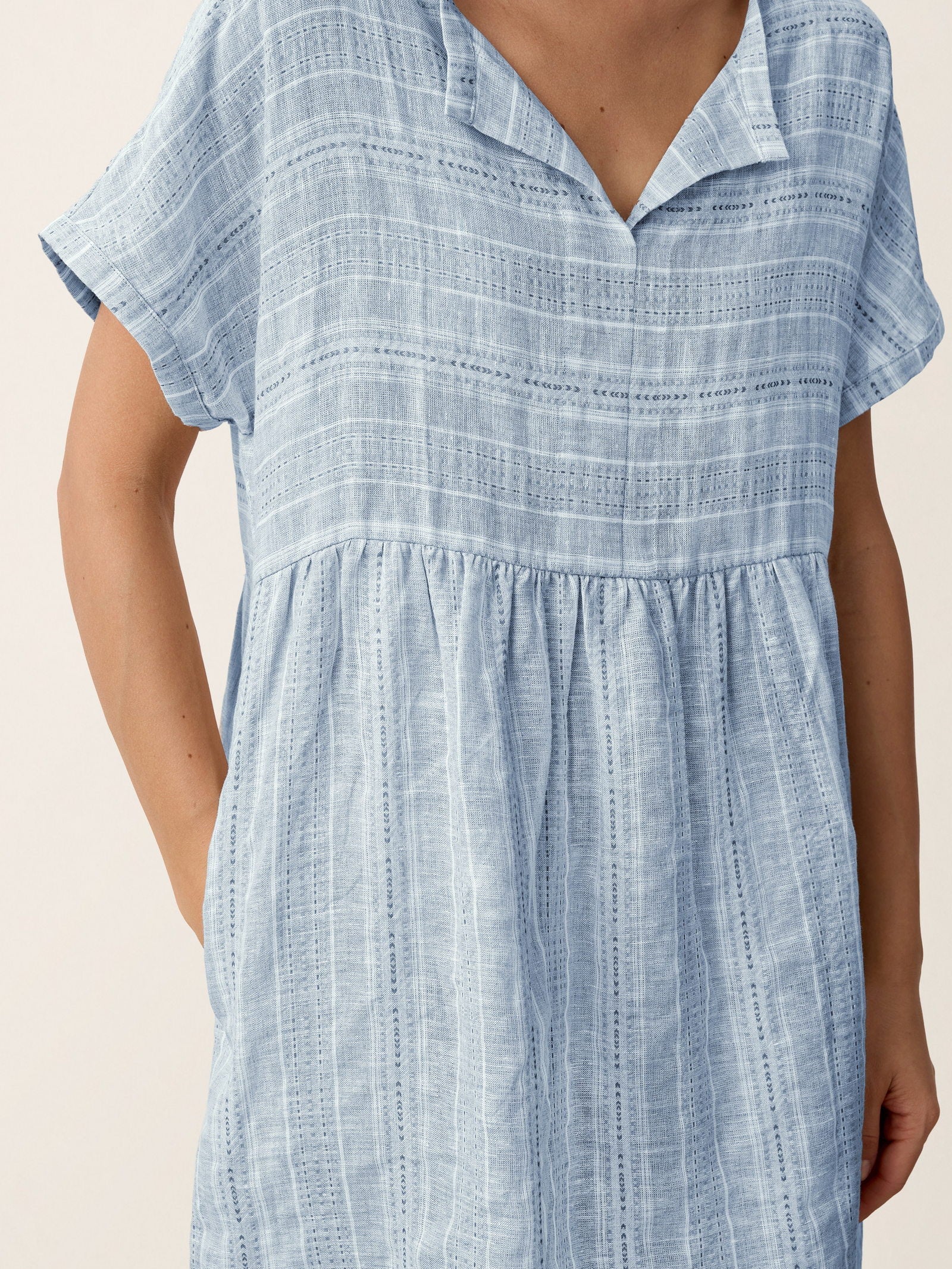 Linen Gathered-Hem Split-Neck Midi Dress SYDNEY LINTICO