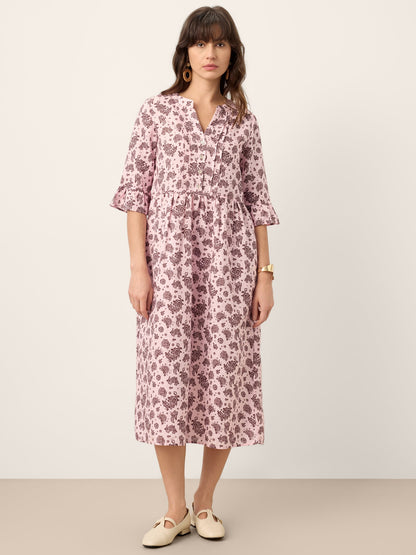 Linen Paisley Pintucked Ruffle-Cuff Maxi Dress MAELYN