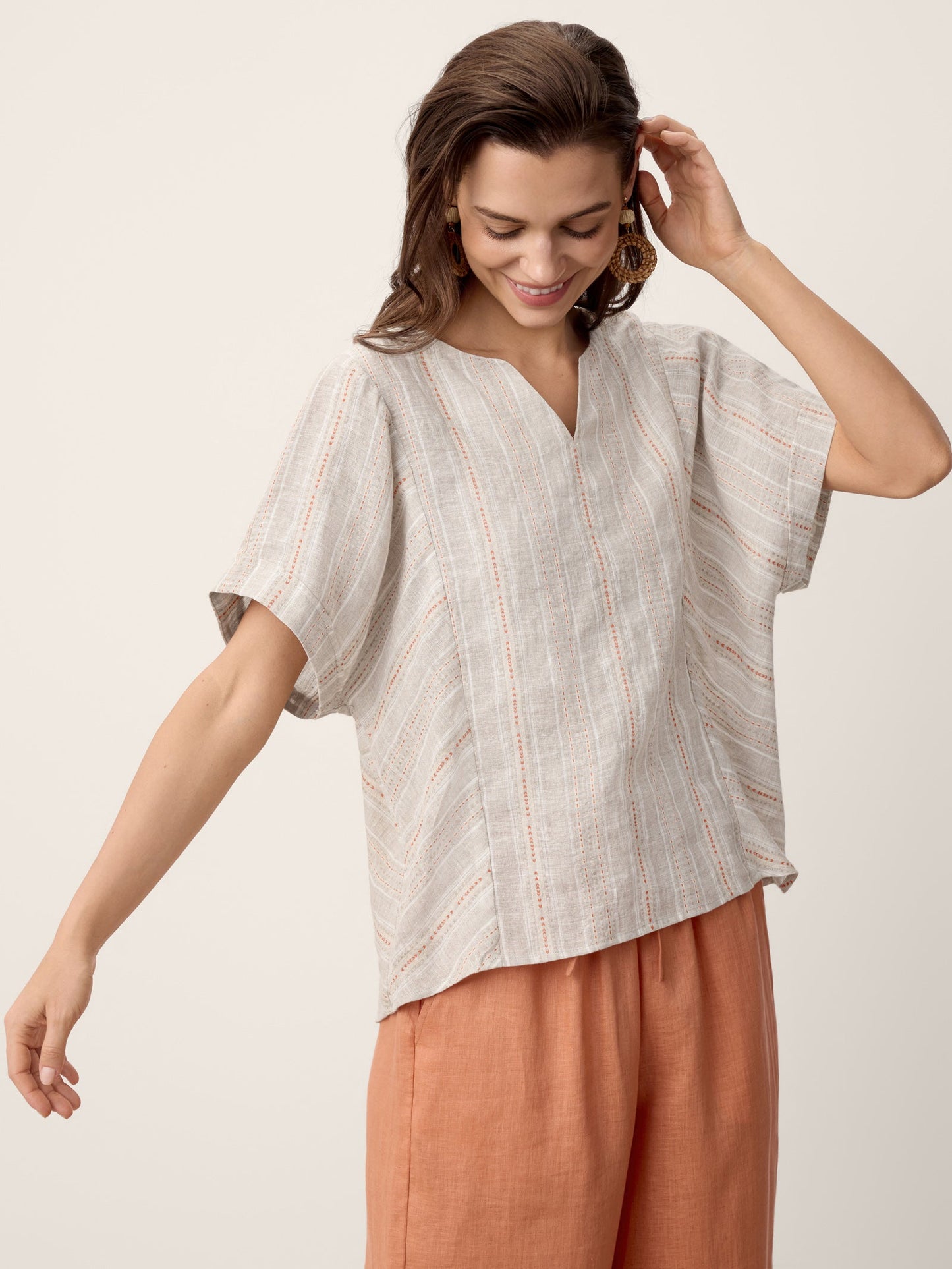 Linen Split-Neck Drop-Shoulder Top KIERA LINTICO