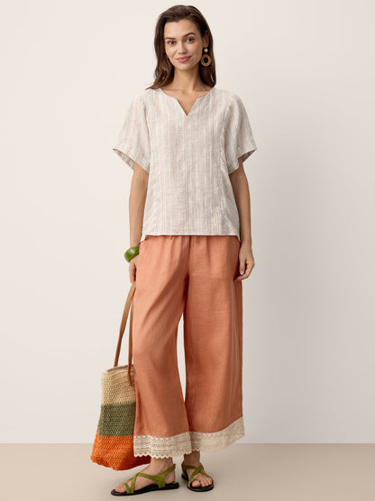 Linen Split-Neck Drop-Shoulder Top KIERA LINTICO