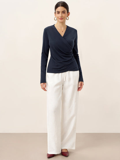 Wool Lyocell Asymmetric Ruched Overlap V-Neck Top TILLY
