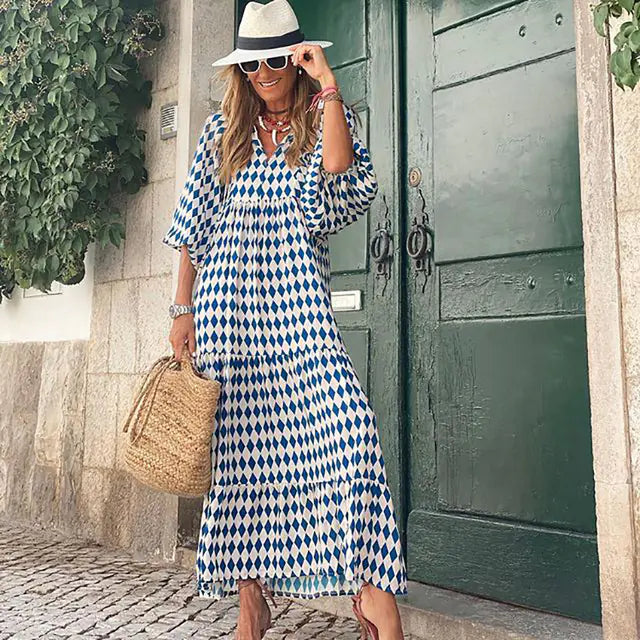 Women's Boho Floral Maxi Dress with Drawstring V Neck