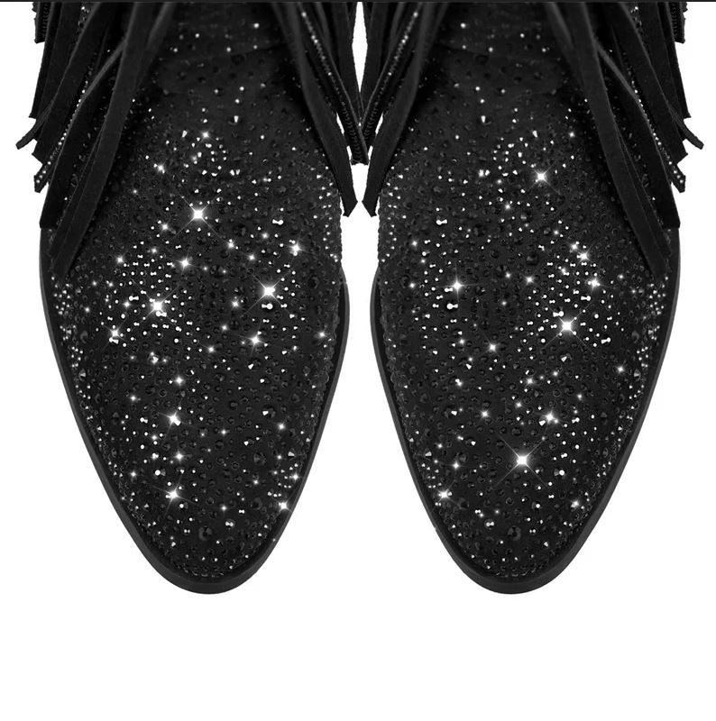 Starry Nights Knee-High Fringe Boots – Rhinestone Embellished Suede Cowgirl Boots Country in My Heart