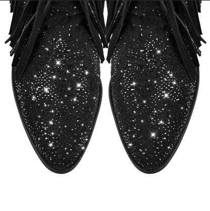 Starry Nights Knee-High Fringe Boots – Rhinestone Embellished Suede Cowgirl Boots Country in My Heart