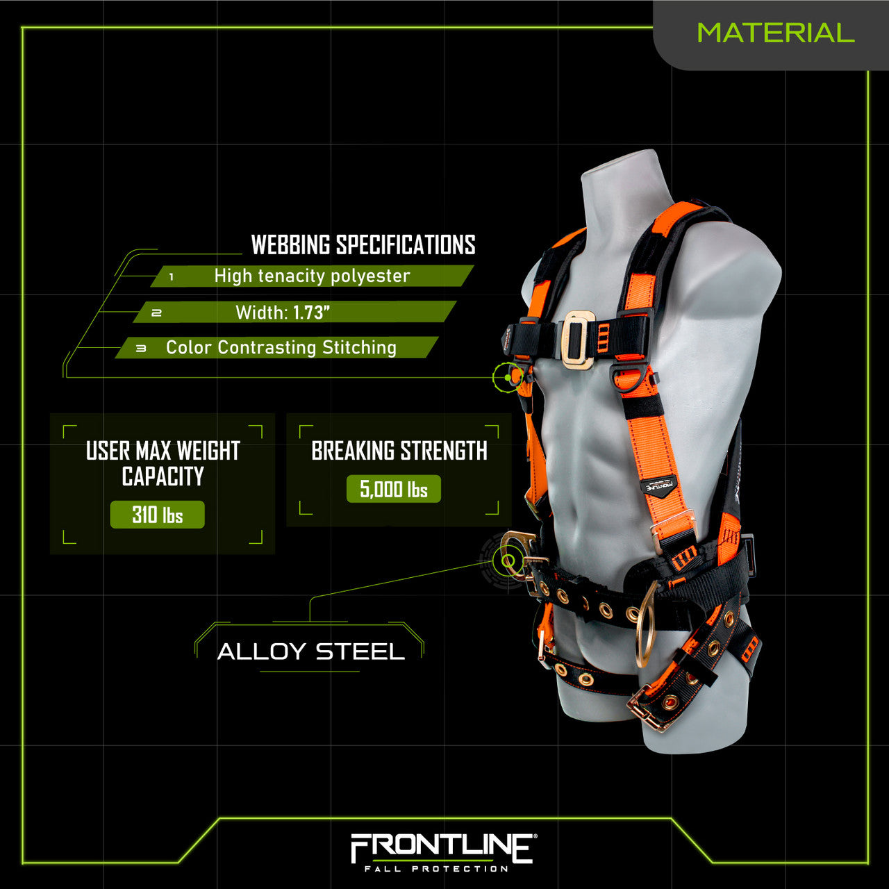 Frontline 50CTB Combat Construction Style Full Body Harness with Tongue Buckle Belt & Legs 3X/4X VM Hardware