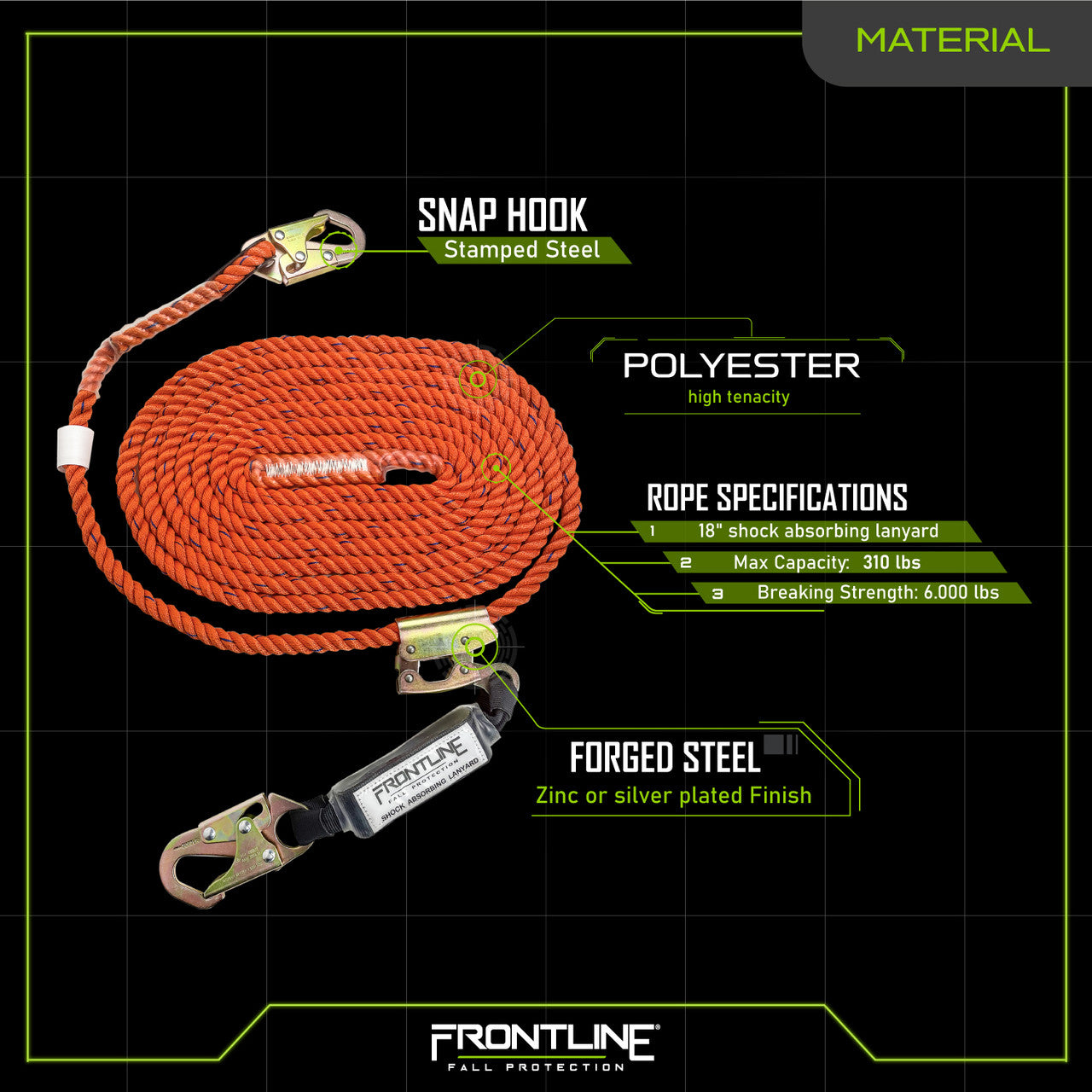 Frontline VLPR3L Premium Vertical Lifeline with Openable Rope Grab and Shock Pack 100' VM Hardware