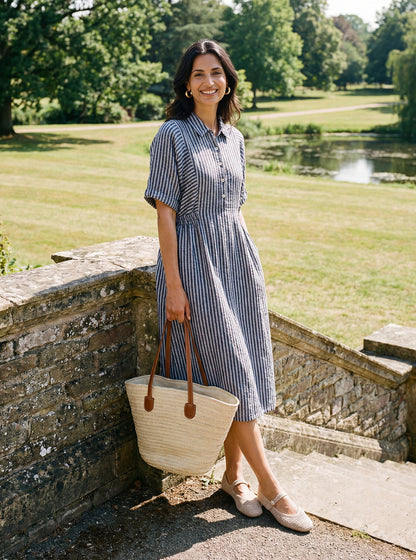 100% Linen Striped Buttoned Front Short Sleeve Midi Shirt Dress CASSANDRA LINTICO