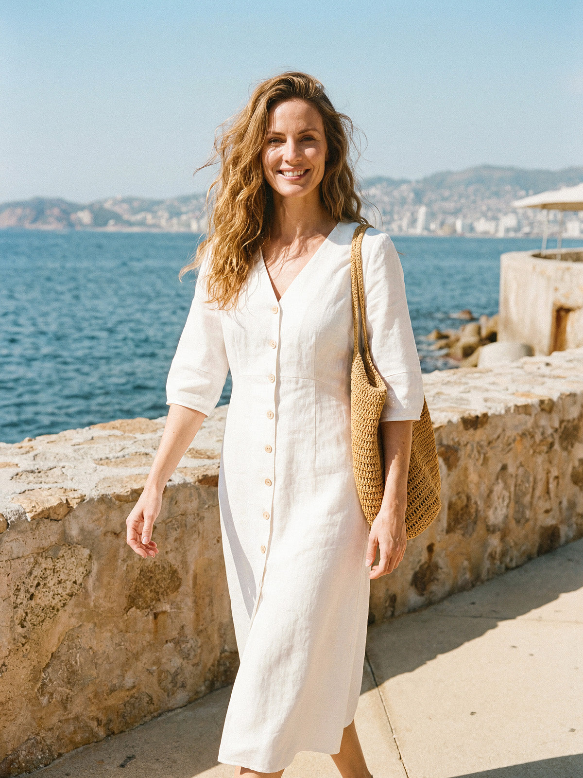 100% Linen Button-Front Lantern Sleeve Elasticated Waist Midi Dress LINNEA LINTICO