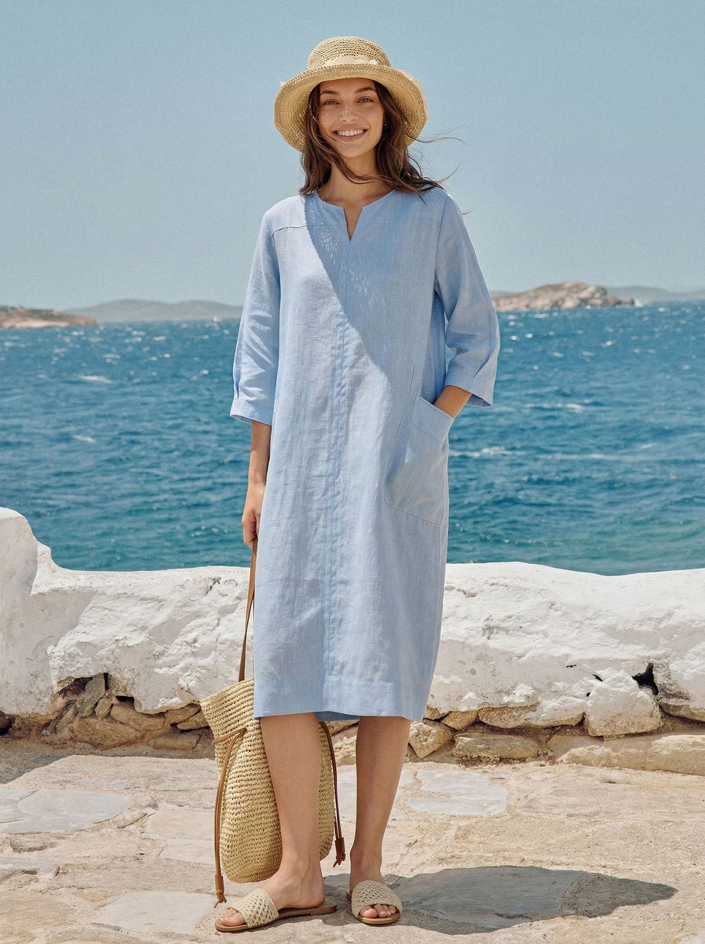 100% Linen Split-Neck Patch-Pocket Midi Dress KALINA LINTICO