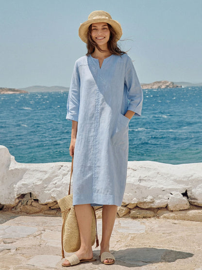 100% Linen Split-Neck Patch-Pocket Midi Dress KALINA LINTICO