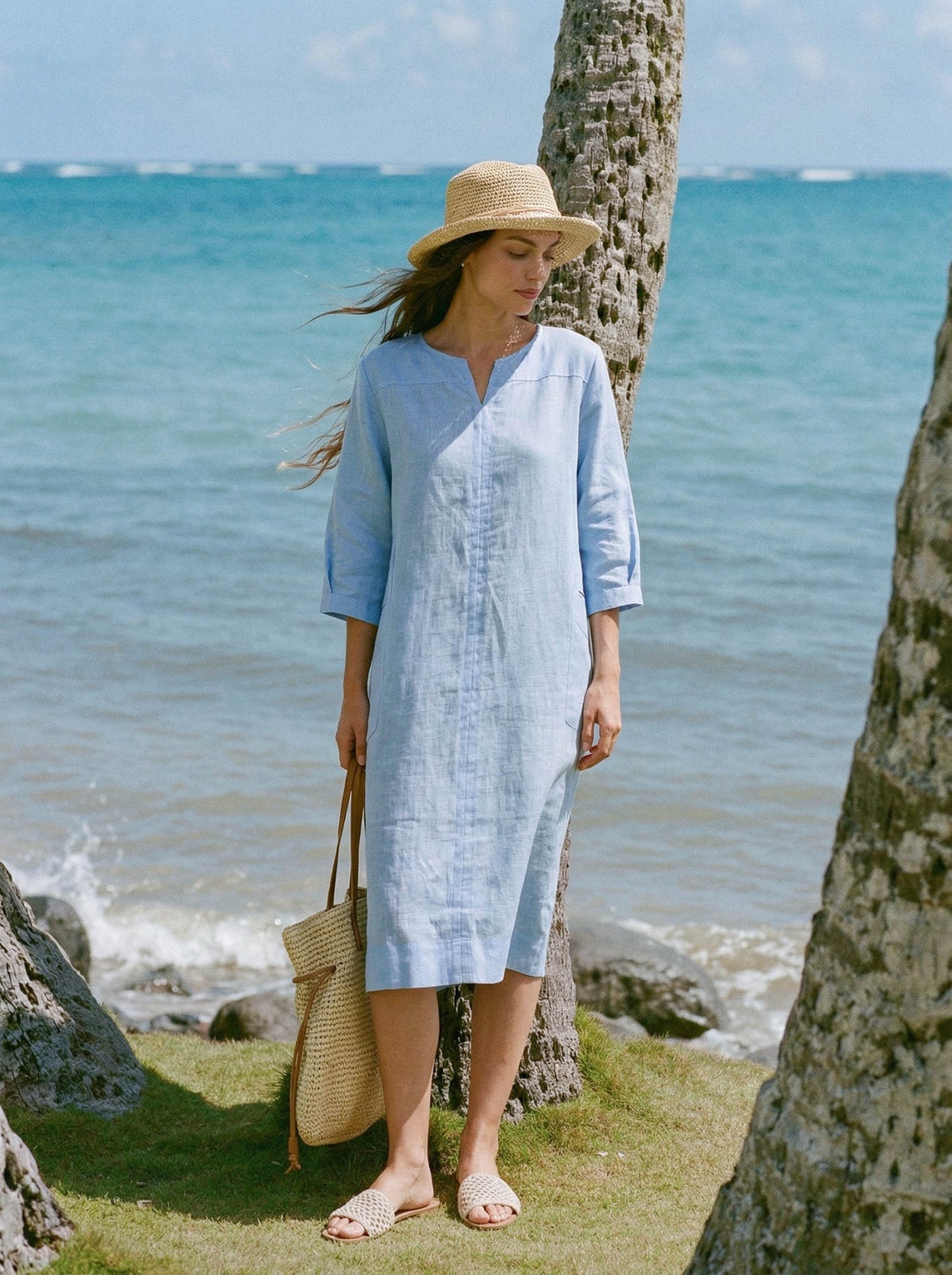 100% Linen Split-Neck Patch-Pocket Midi Dress KALINA LINTICO