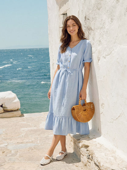 100% Linen Ruffle-Trim Belted Midi Dress LIVARA LINTICO