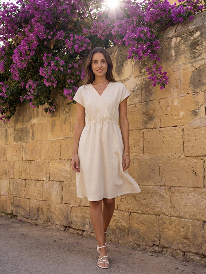 100% Linen Striped Elastic-Waist Midi Dress ARIA LINTICO
