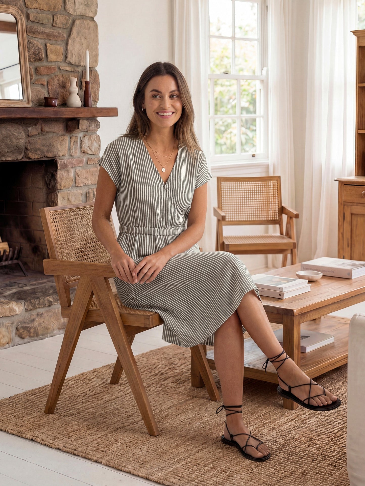 100% Linen Striped Elastic-Waist Midi Dress ARIA LINTICO